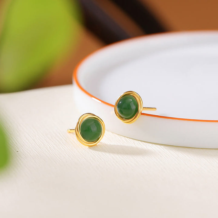 Pendientes de plata de ley 925 con Buddha Stones , jade hetiano, ágata y ámbar de la suerte  - Jade (postes de plata de ley 925) - image 1