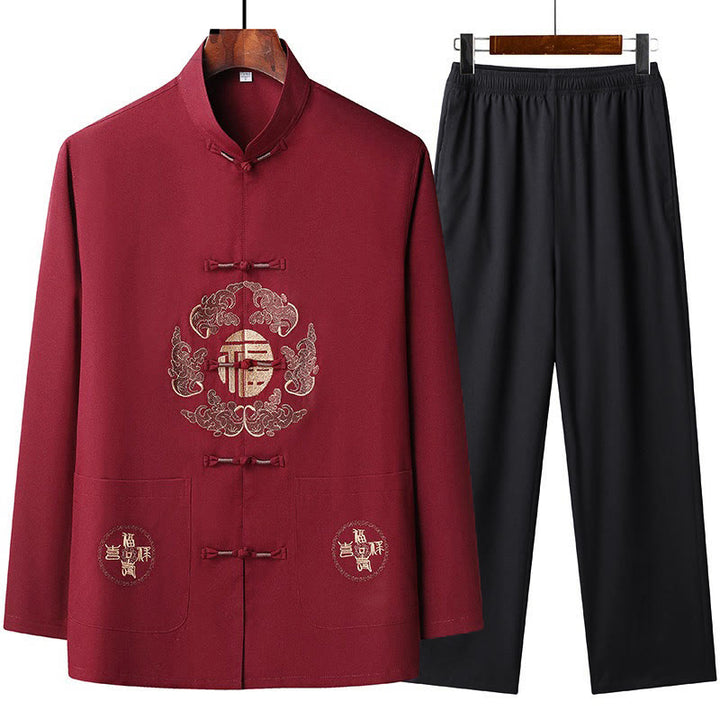 Traje Fu Tang bordado de Año Nuevo chino con Buddha Stones, conjunto de pantalones y camiseta de manga larga de Hanfu para hombre - Rojo - US/UK/AU44, EU54 (4XL) - image 0