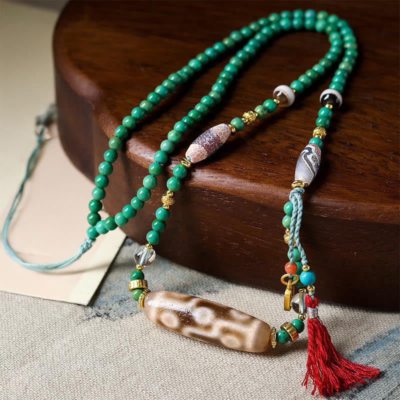 Collar con colgante de cadena de cuentas turquesas Dzi tibetanas con Buddha Stones - Cuentas de turquesa y dzi - image 1