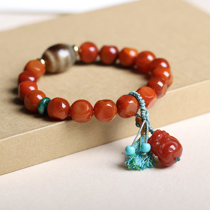 Pulsera de la suerte con cuentas Pixiu Dzi de ágata roja natural del sur de Buddha Stones - image 5