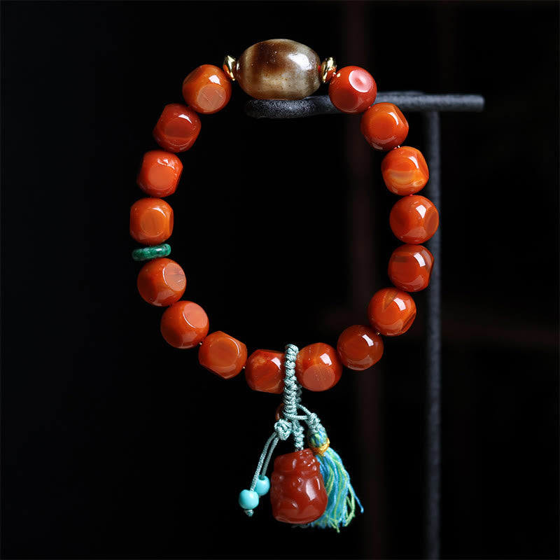 Pulsera de la suerte con cuentas Pixiu Dzi de ágata roja natural del sur de Buddha Stones - image 2