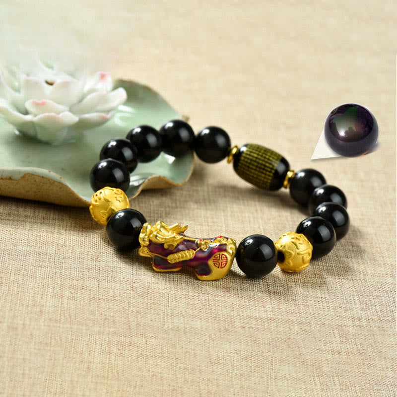 Pulsera de la riqueza con cuentas de obsidiana arcoíris de cobre Pixiu y Buddha Stones Feng Shui - Om Mani Padme Hum y Pixiu que cambia de color (circunferencia de la muñeca: 18-19 cm) - image 10