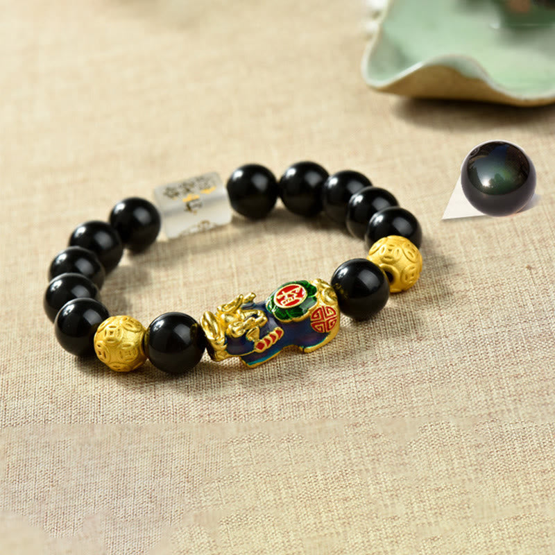 Pulsera de la riqueza con cuentas de obsidiana arcoíris de cobre Pixiu y Buddha Stones Feng Shui - Om Mani Padme Hum, Pixiu de la fortuna y cambio de color (circunferencia de la muñeca: 18-19 cm) - image 14