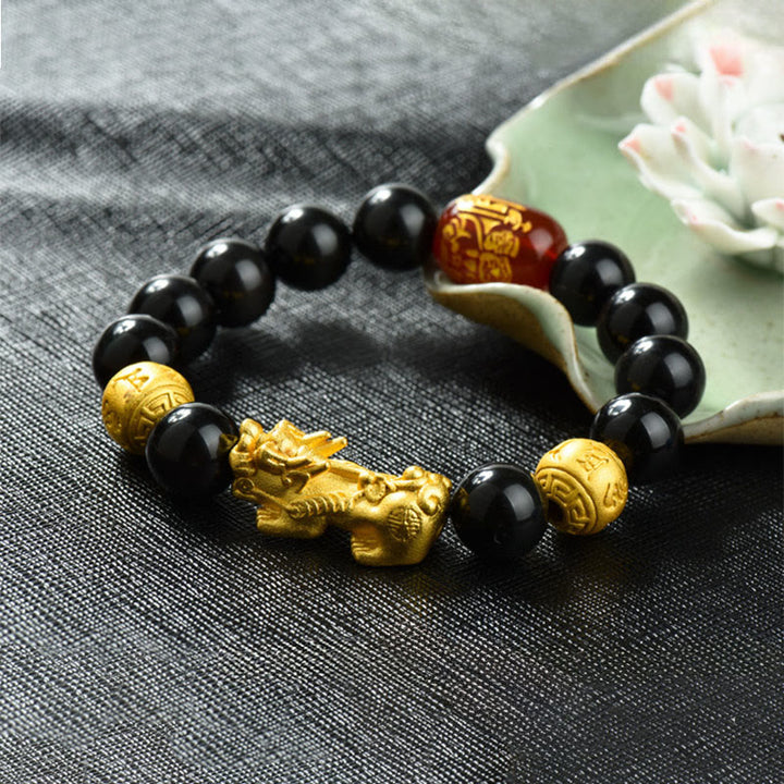 Pulsera de la riqueza con cuentas de obsidiana arcoíris de cobre Pixiu y Buddha Stones Feng Shui - Om Mani Padme Hum y Pixiu de latón (circunferencia de la muñeca: 18-19 cm) - image 23