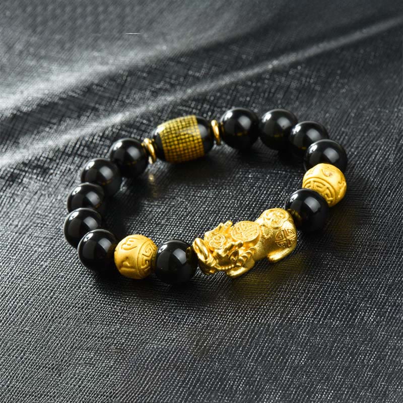 Pulsera de la riqueza con cuentas de obsidiana arcoíris de cobre Pixiu y Buddha Stones Feng Shui - Om Mani Padme Hum y Fu y Pixiu de latón (circunferencia de la muñeca: 18-19 cm) - image 26