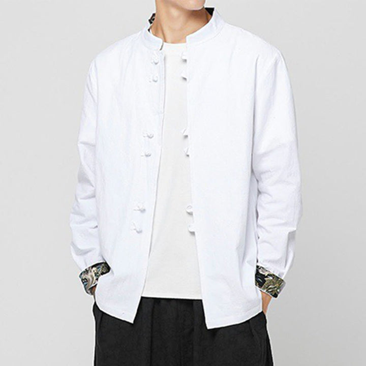 Buddha Stones Camisa de manga larga de algodón con puños con estampado de dragón y botones de rana para hombre - image 10