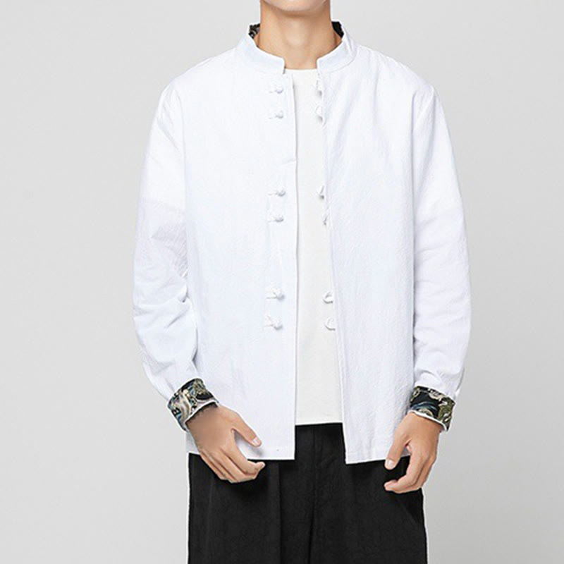 Buddha Stones Camisa de manga larga de algodón con puños con estampado de dragón y botones de rana para hombre - Blanco - US/UK/AU46, EU56 (5XL) - image 5