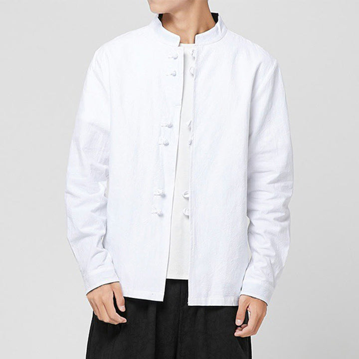 Buddha Stones Camisa de manga larga de algodón con puños con estampado de dragón y botones de rana para hombre - image 6