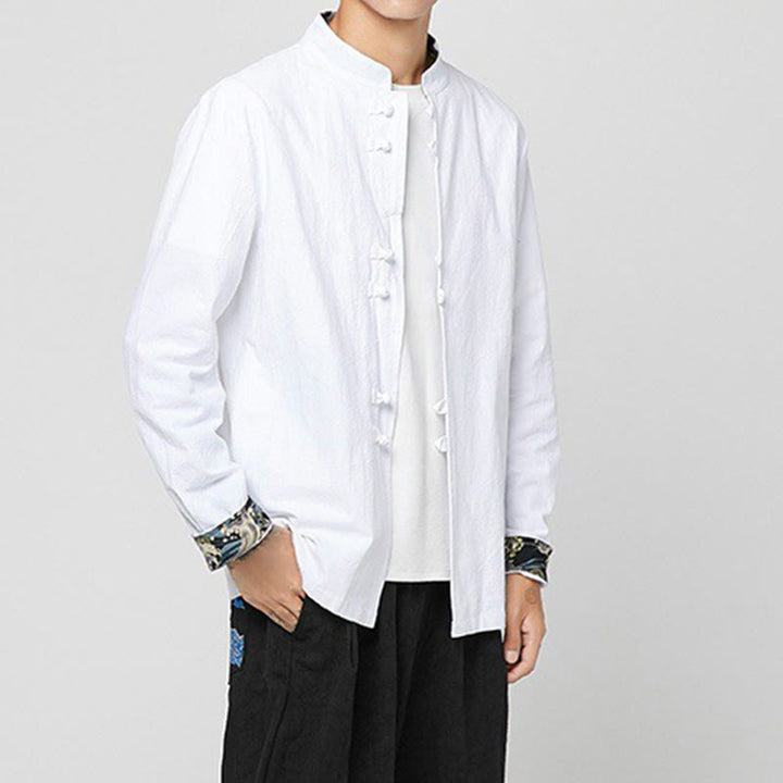 Buddha Stones Camisa de manga larga de algodón con puños con estampado de dragón y botones de rana para hombre - image 7
