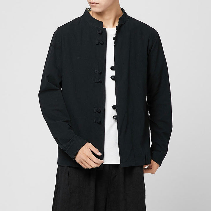 Buddha Stones Camisa de manga larga de algodón con puños con estampado de dragón y botones de rana para hombre - image 16