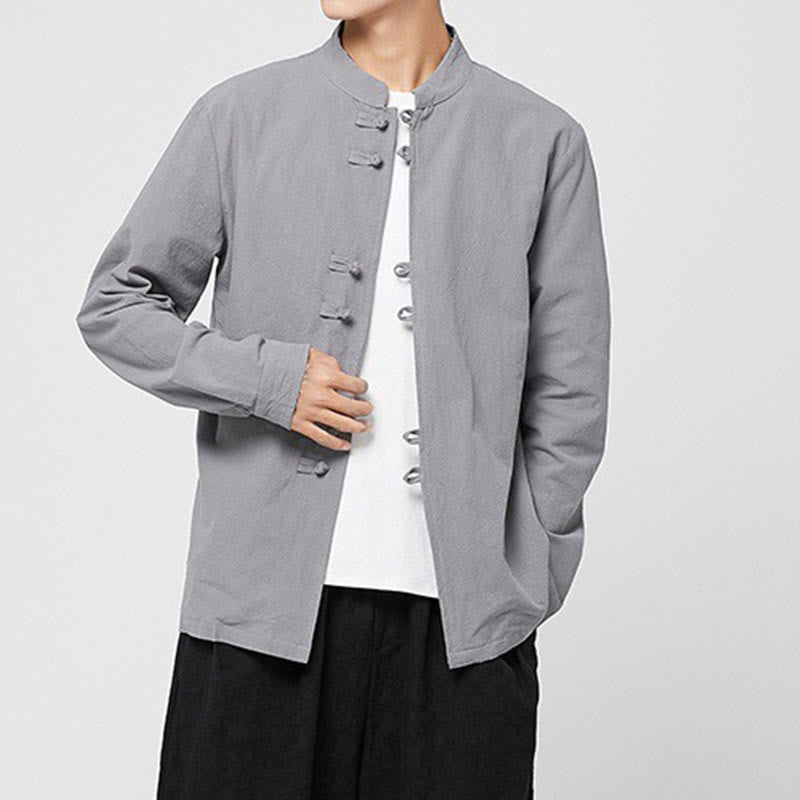 Buddha Stones Camisa de manga larga de algodón con puños con estampado de dragón y botones de rana para hombre - image 22