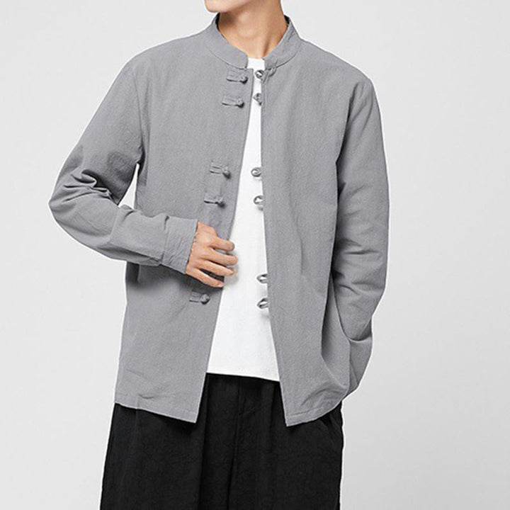 Buddha Stones Camisa de manga larga de algodón con puños con estampado de dragón y botones de rana para hombre - image 22