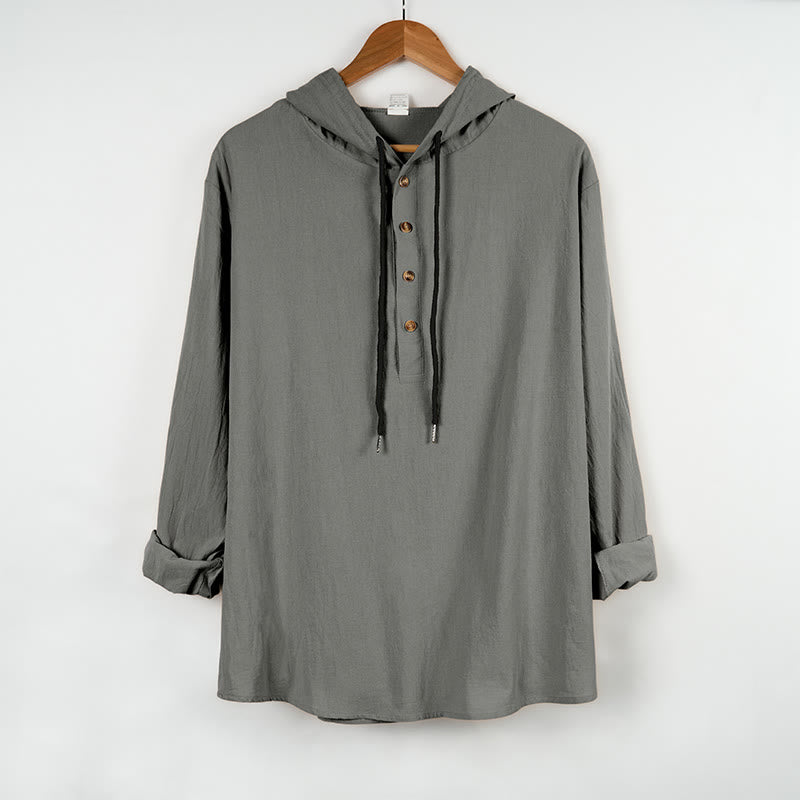 Camisa de algodón de manga larga con capucha y botones para hombre, color liso, con Buddha Stones, para otoño - Gris oscuro - US/UK/AU46, UE56 (3XL) - image 9