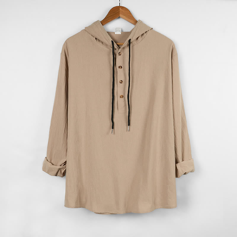 Camisa de algodón de manga larga con capucha y botones para hombre, color liso, con Buddha Stones, para otoño - Beige - US/UK/AU46, UE56 (3XL) - image 11