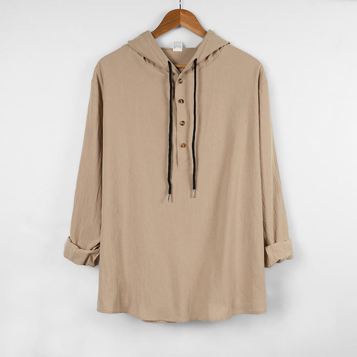 Camisa de algodón de manga larga con capucha y botones para hombre, color liso, con Buddha Stones, para otoño - Beige - US/UK/AU46, UE56 (3XL) - image 11