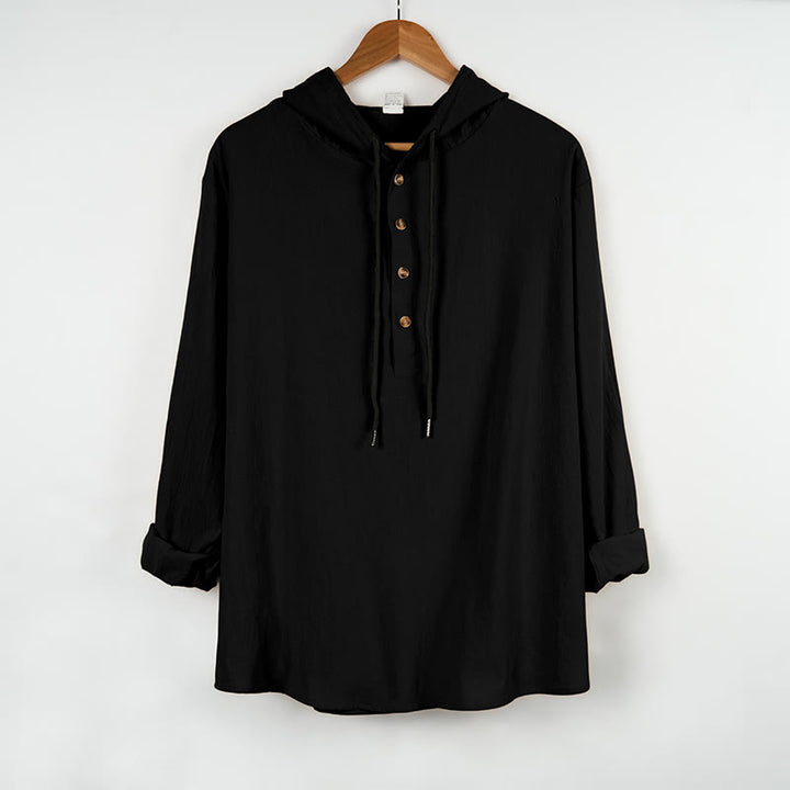 Camisa de algodón de manga larga con capucha y botones para hombre, color liso, con Buddha Stones, para otoño - Negro - US/UK/AU46, UE56 (3XL) - image 7