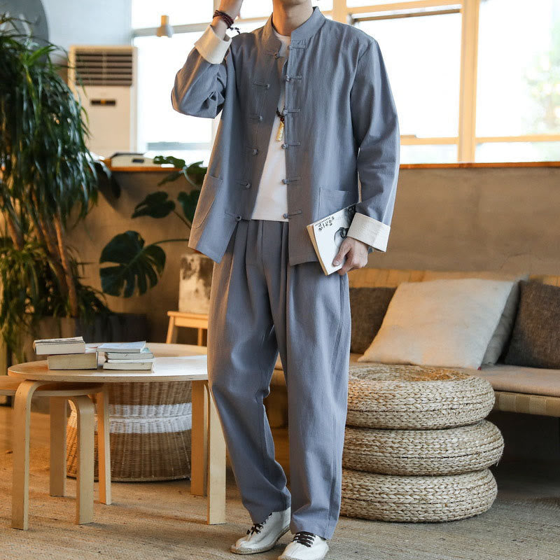 Conjunto de 2 Buddha Stones de traje zen Tang para hombre, camisa de manga larga con botones de rana y pantalones con bolsillos - image 1