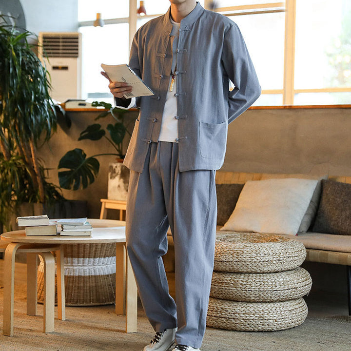 Conjunto de 2 Buddha Stones de traje zen Tang para hombre, camisa de manga larga con botones de rana y pantalones con bolsillos - image 2