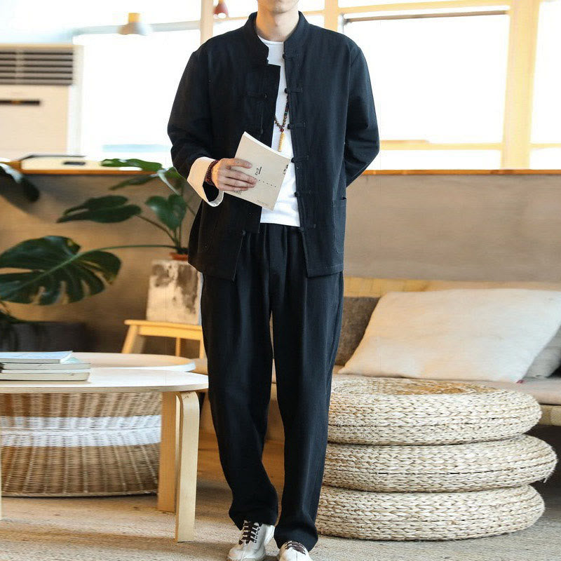 Conjunto de 2 Buddha Stones de traje zen Tang para hombre, camisa de manga larga con botones de rana y pantalones con bolsillos - image 19
