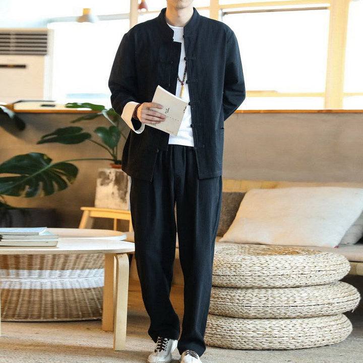 Conjunto de 2 Buddha Stones de traje zen Tang para hombre, camisa de manga larga con botones de rana y pantalones con bolsillos - image 19