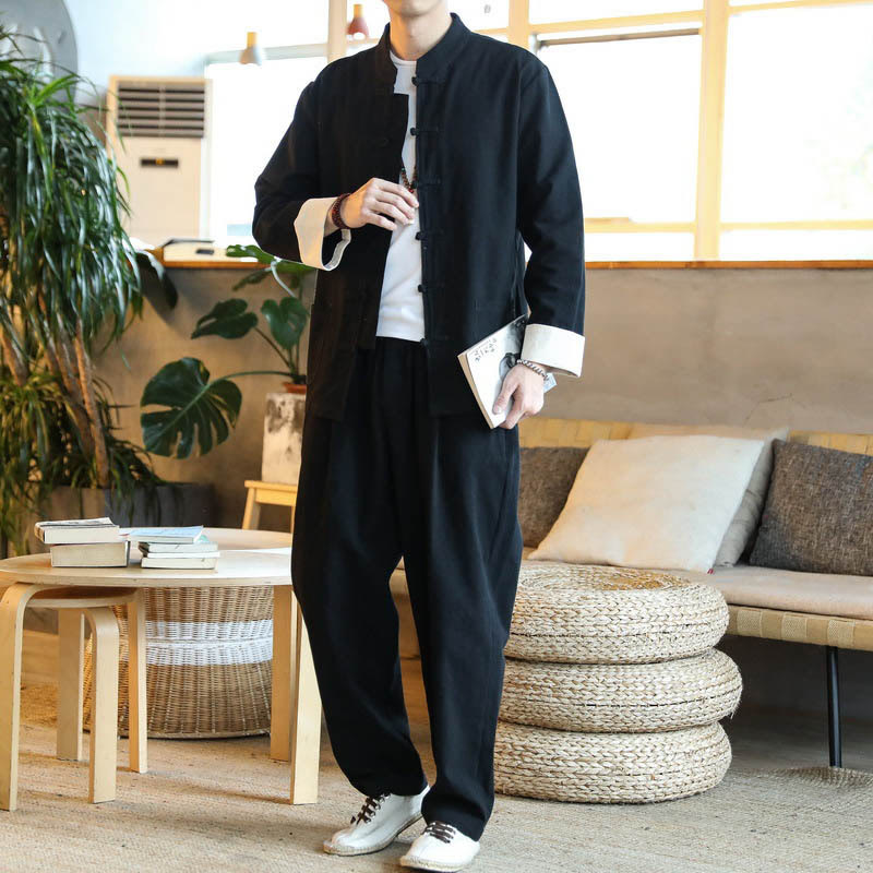 Conjunto de 2 Buddha Stones de traje zen Tang para hombre, camisa de manga larga con botones de rana y pantalones con bolsillos - Negro - US/UK/AU44, UE54 (5XL) - image 15