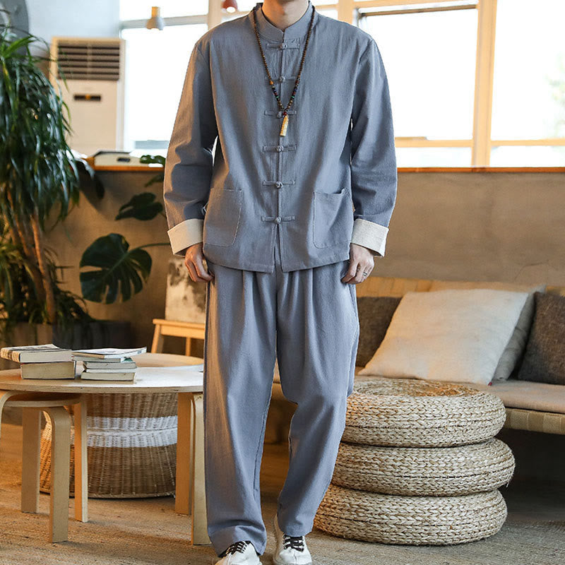 Conjunto de 2 Buddha Stones de traje zen Tang para hombre, camisa de manga larga con botones de rana y pantalones con bolsillos - image 3