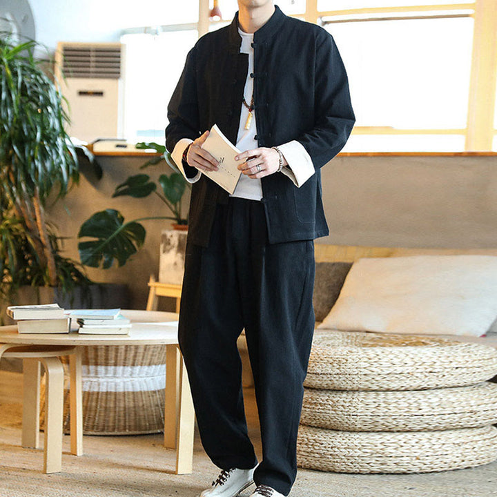 Conjunto de 2 Buddha Stones de traje zen Tang para hombre, camisa de manga larga con botones de rana y pantalones con bolsillos - image 21