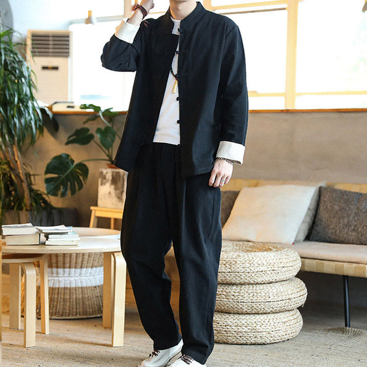 Conjunto de 2 Buddha Stones de traje zen Tang para hombre, camisa de manga larga con botones de rana y pantalones con bolsillos - image 17