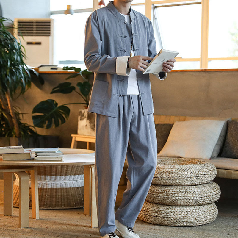 Conjunto de 2 Buddha Stones de traje zen Tang para hombre, camisa de manga larga con botones de rana y pantalones con bolsillos - image 8