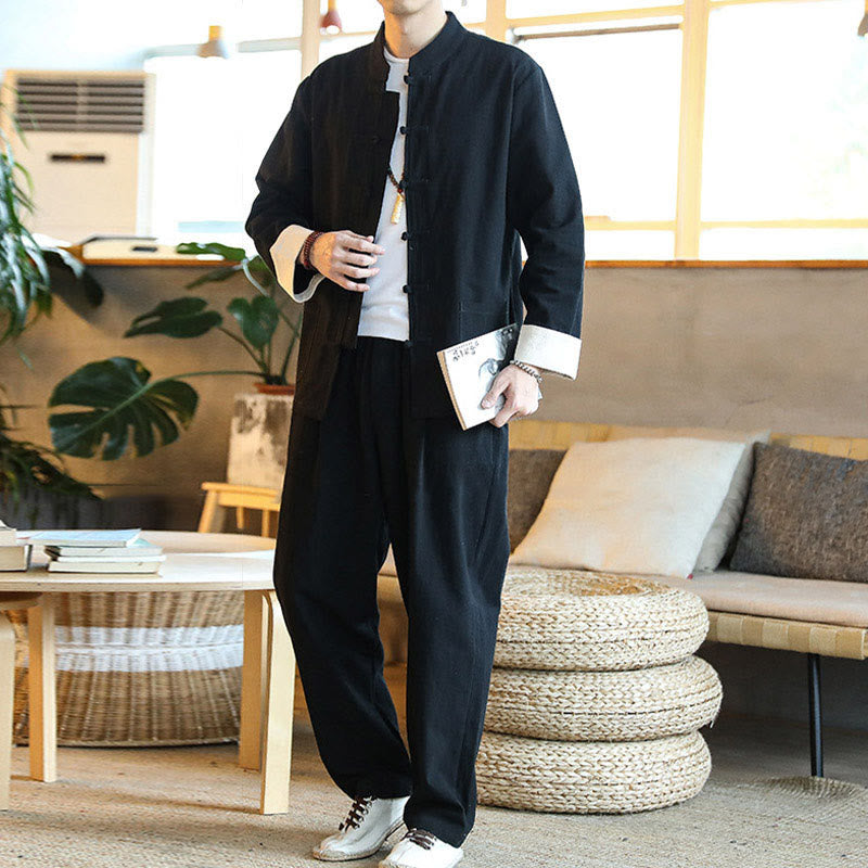 Conjunto de 2 Buddha Stones de traje zen Tang para hombre, camisa de manga larga con botones de rana y pantalones con bolsillos - image 20