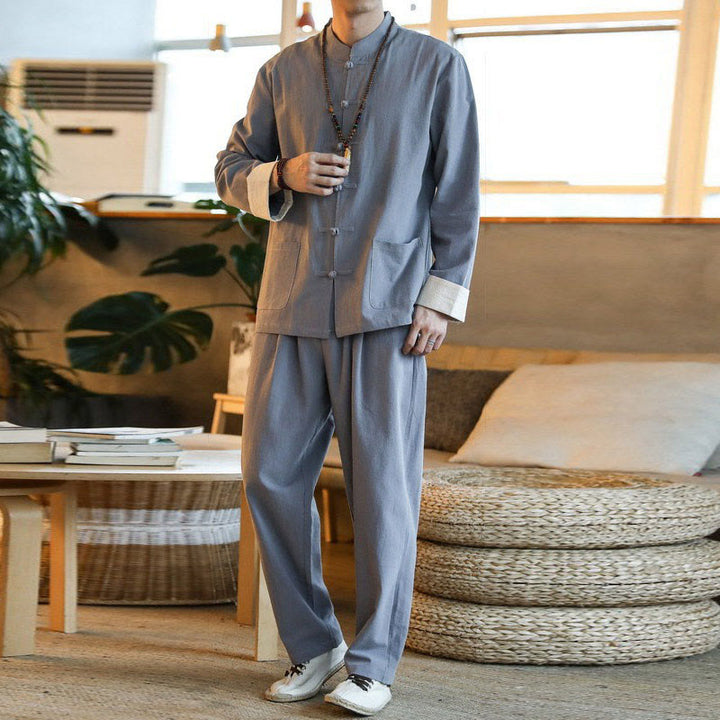 Conjunto de 2 Buddha Stones de traje zen Tang para hombre, camisa de manga larga con botones de rana y pantalones con bolsillos - image 5