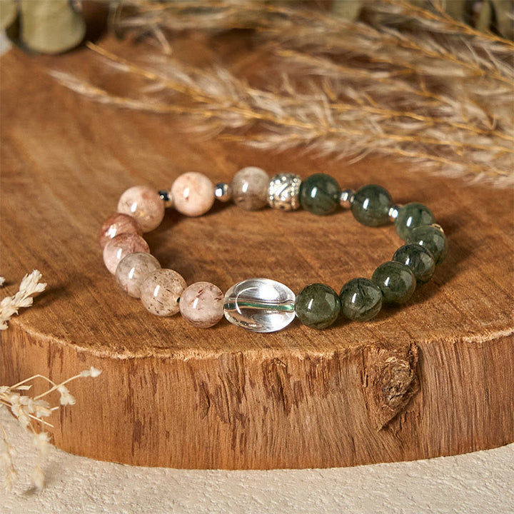 Pulsera de la riqueza de Super Seven Crystal de cuarzo rutilado verde natural de Buddha Stones - Cuarzo rutilado verde (circunferencia de la muñeca: 14-16 cm) - image 1