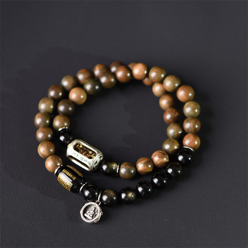 Pulsera de doble vuelta con Buddha Stones, sándalo verde tibetano, obsidiana dorada y equilibrio de paz - 18-19 cm - image 1