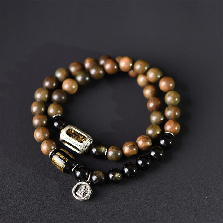 Pulsera de doble vuelta con Buddha Stones, sándalo verde tibetano, obsidiana dorada y equilibrio de paz - 18-19 cm - image 1