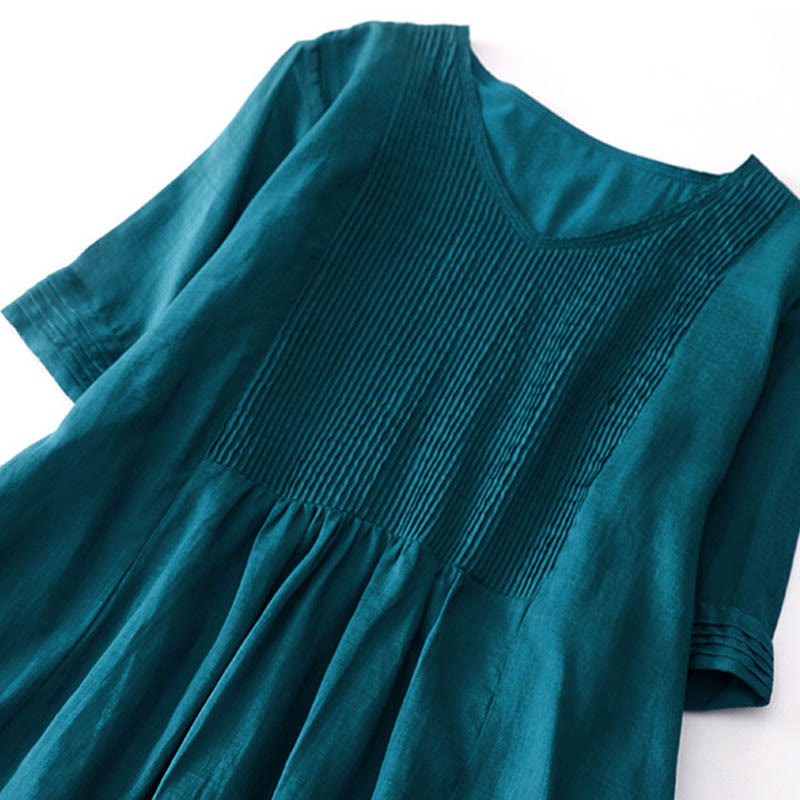 Vestido midi informal de manga corta con cuello en V, pliegues tipo acordeón y bolsillos, con estampado de Buddha Stones. - image 35