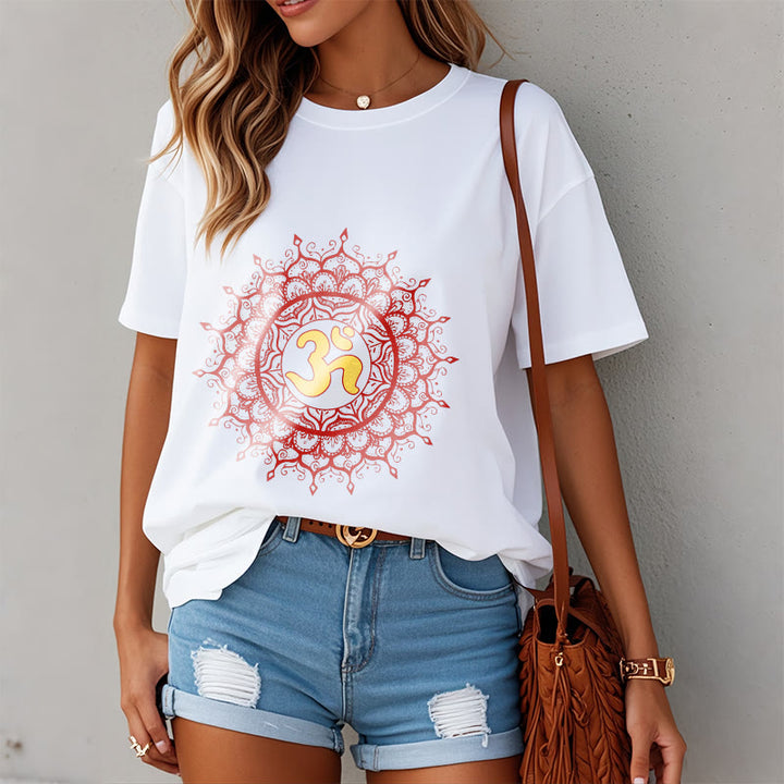 Camiseta informal de algodón con estampado de símbolo Om y mandala rojo de Buddha Stones - image 8
