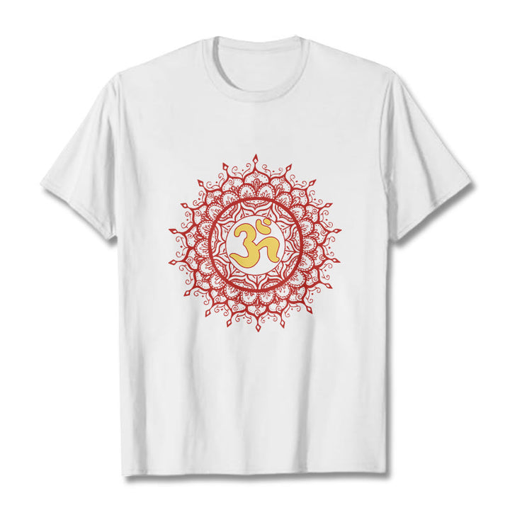 Camiseta informal de algodón con estampado de símbolo Om y mandala rojo de Buddha Stones - Blanco - 2XL - image 6