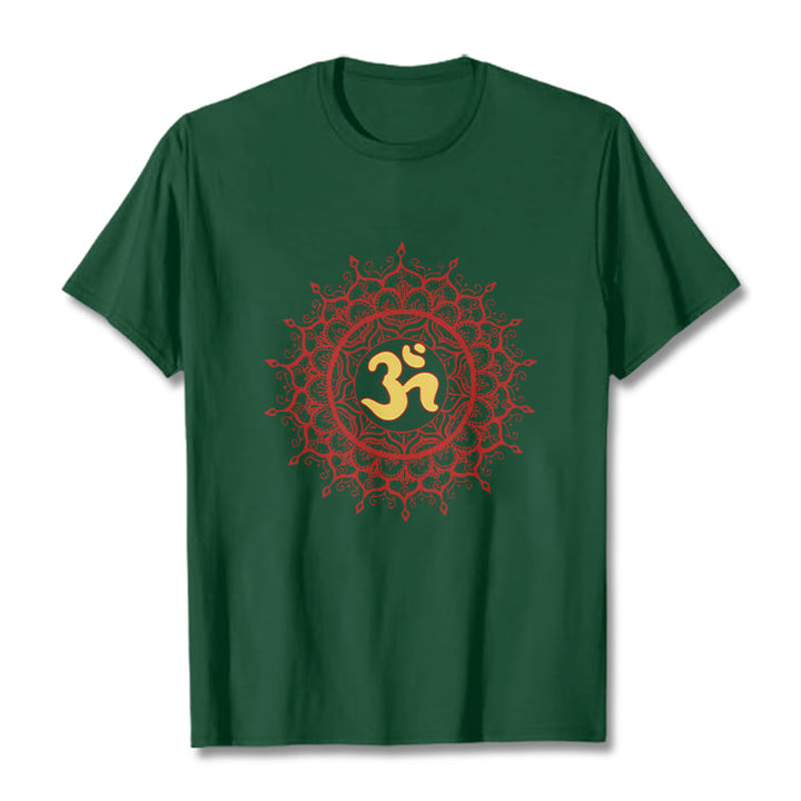 Camiseta informal de algodón con estampado de símbolo Om y mandala rojo de Buddha Stones - Verde bosque - 2XL - image 11