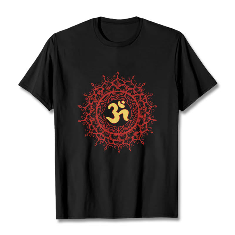 Camiseta informal de algodón con estampado de símbolo Om y mandala rojo de Buddha Stones - Negro - 2XL - image 0
