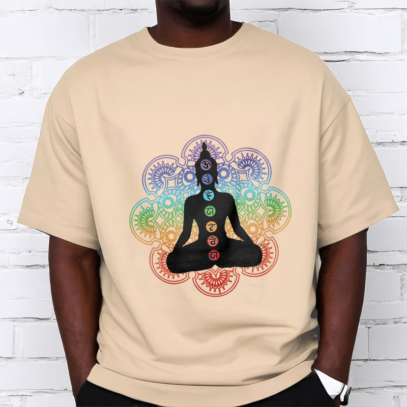Camiseta de algodón con estampado de mandala colorido y figura meditativa de Buddha Stones - image 10