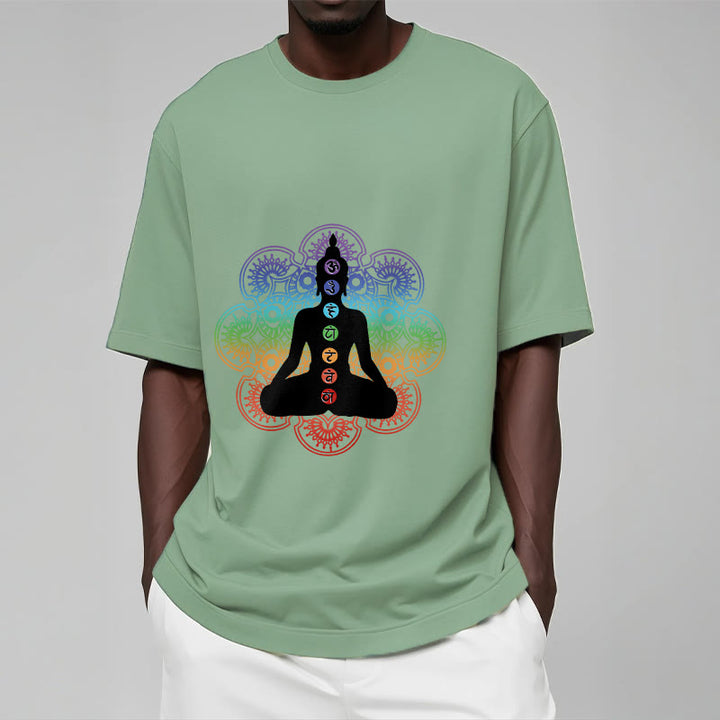 Camiseta de algodón con estampado de mandala colorido y figura meditativa de Buddha Stones - image 16