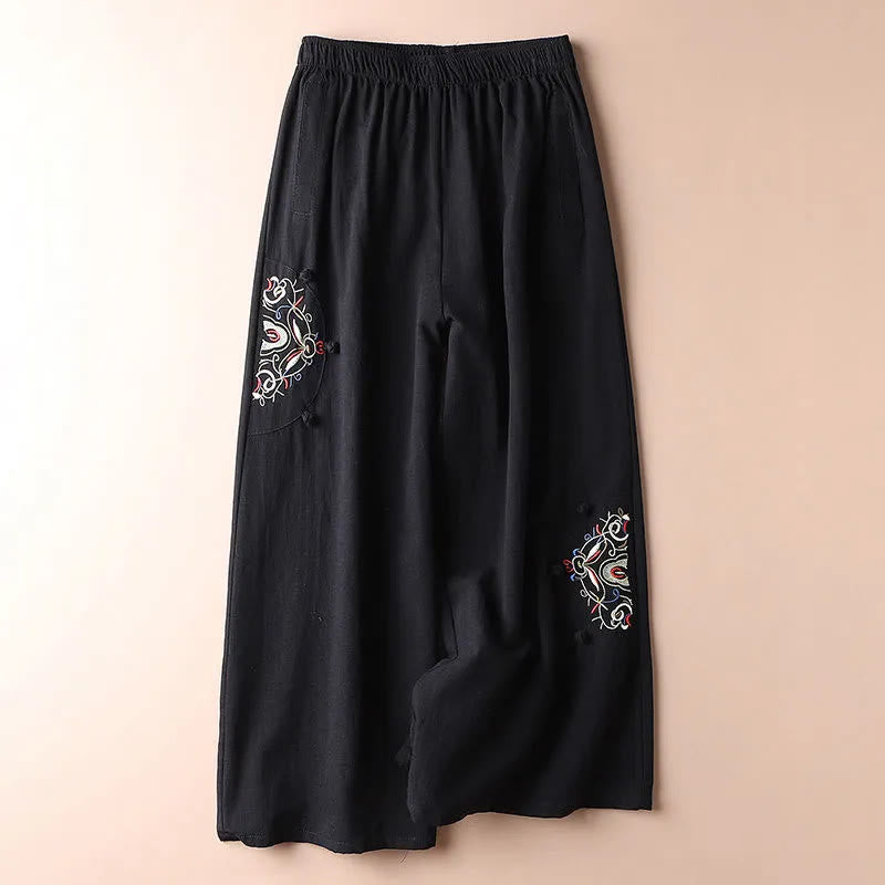 Pantalones anchos de algodón con bordado étnico de primavera y Buddha Stones para mujer con bolsillos - Negro - US12, UK/AU16, EU44 (4XL) - image 12