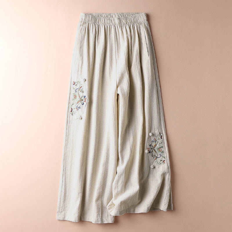 Pantalones anchos de algodón con bordado étnico de primavera y Buddha Stones para mujer con bolsillos - image 2
