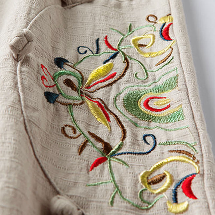 Pantalones anchos de algodón con bordado étnico de primavera y Buddha Stones para mujer con bolsillos - image 3