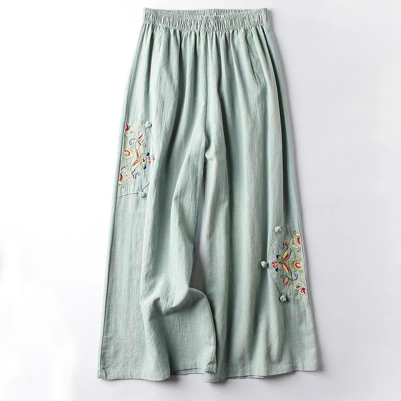 Pantalones anchos de algodón con bordado étnico de primavera y Buddha Stones para mujer con bolsillos - Verde pálido - US12, UK/AU16, EU44 (4XL) - image 6