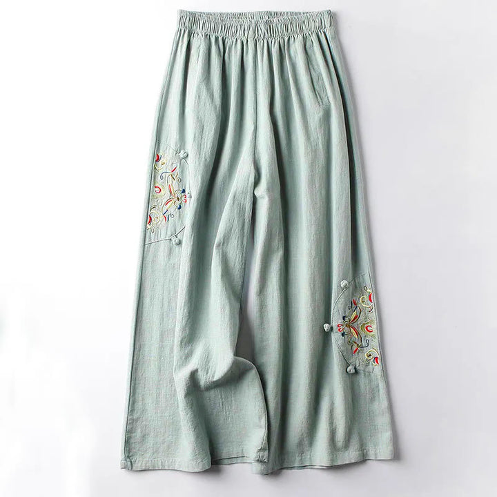 Pantalones anchos de algodón con bordado étnico de primavera y Buddha Stones para mujer con bolsillos - Verde pálido - US12, UK/AU16, EU44 (4XL) - image 6