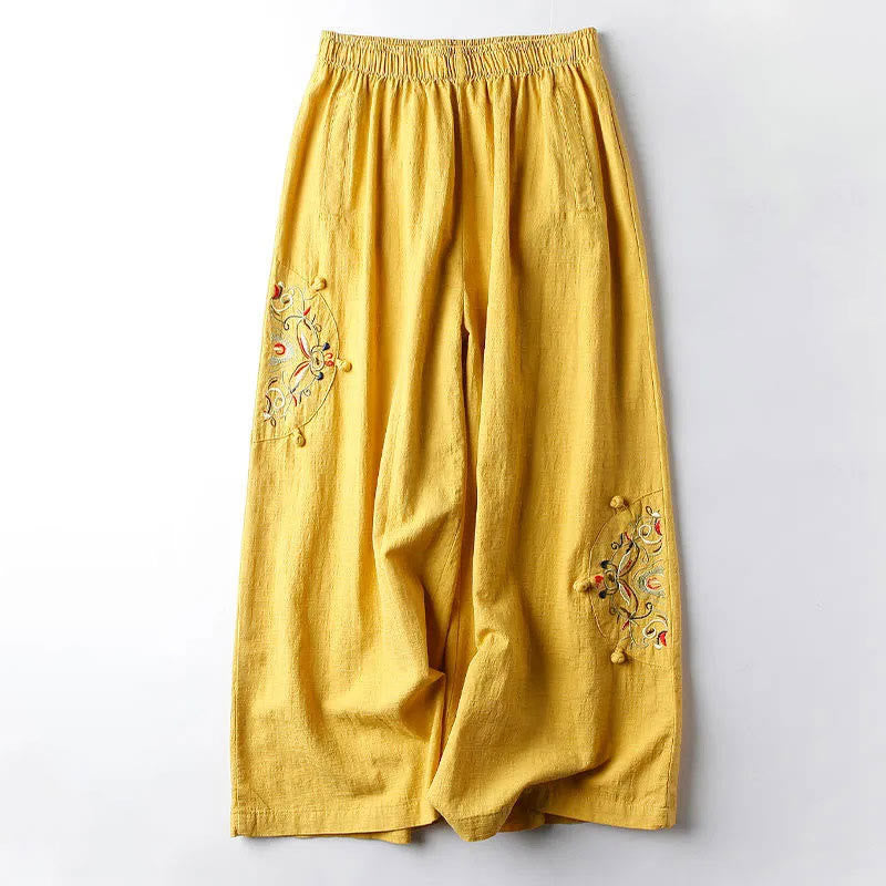 Pantalones anchos de algodón con bordado étnico de primavera y Buddha Stones para mujer con bolsillos - Oro - US12, UK/AU16, EU44 (4XL) - image 9