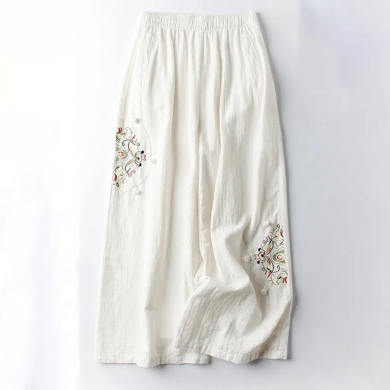 Pantalones anchos de algodón con bordado étnico de primavera y Buddha Stones para mujer con bolsillos - Encaje antiguo - US12, UK/AU16, EU44 (4XL) - image 4