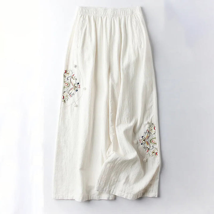 Pantalones anchos de algodón con bordado étnico de primavera y Buddha Stones para mujer con bolsillos - Encaje antiguo - US12, UK/AU16, EU44 (4XL) - image 4