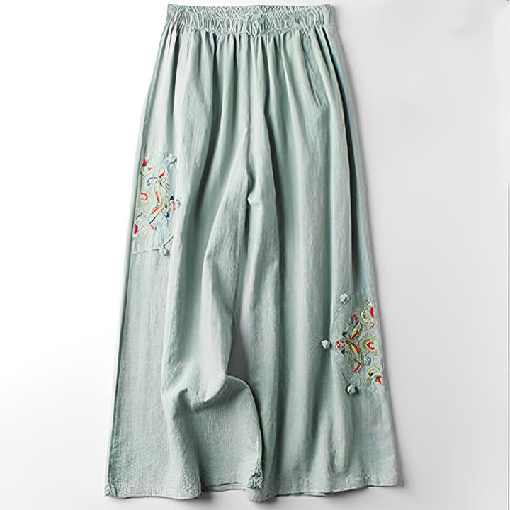 Pantalones anchos de algodón con bordado étnico de primavera y Buddha Stones para mujer con bolsillos - image 8